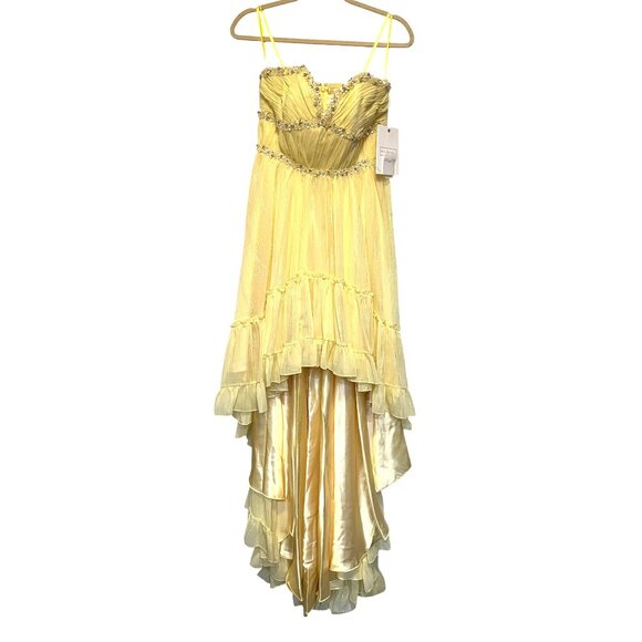 Mac Duggal Beaded Ruffle High Low Yellow Gown in Lemon Yellow Sizes 4 & 6 - Picture 1 of 14